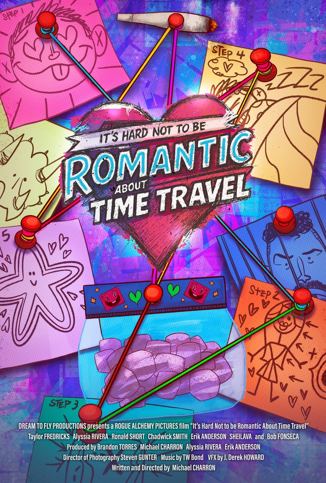 Illustrated poster for It’s Hard Not to be Romantic About Time Travel, with a heart and colorful notes pinned together